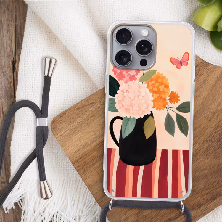 Vaas - Bloemen - Vlinder - Rood Hoesje iPhone 16 Pro Max met koord klein -sfeer4