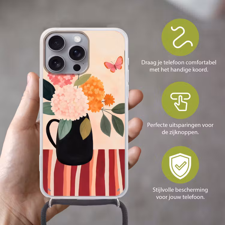 Vaas - Bloemen - Vlinder - Rood Hoesje iPhone 16 Pro Max met koord klein -sfeer2_NL