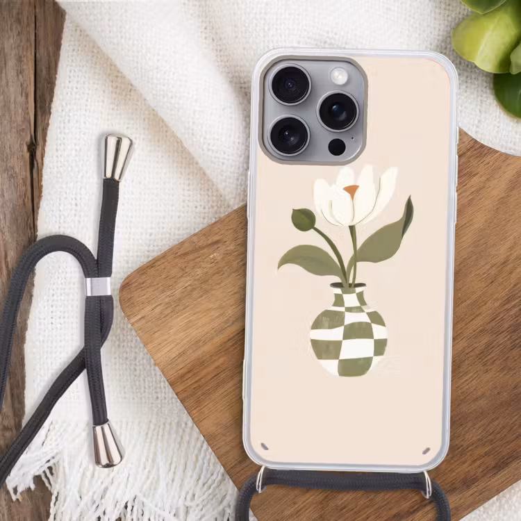 Vaas - Geruit - Bloem - Groen Hoesje iPhone 16 Pro Max met koord klein -sfeer4