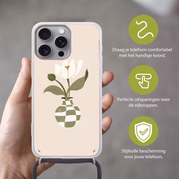Vaas - Geruit - Bloem - Groen Hoesje iPhone 16 Pro Max met koord klein -sfeer2_NL