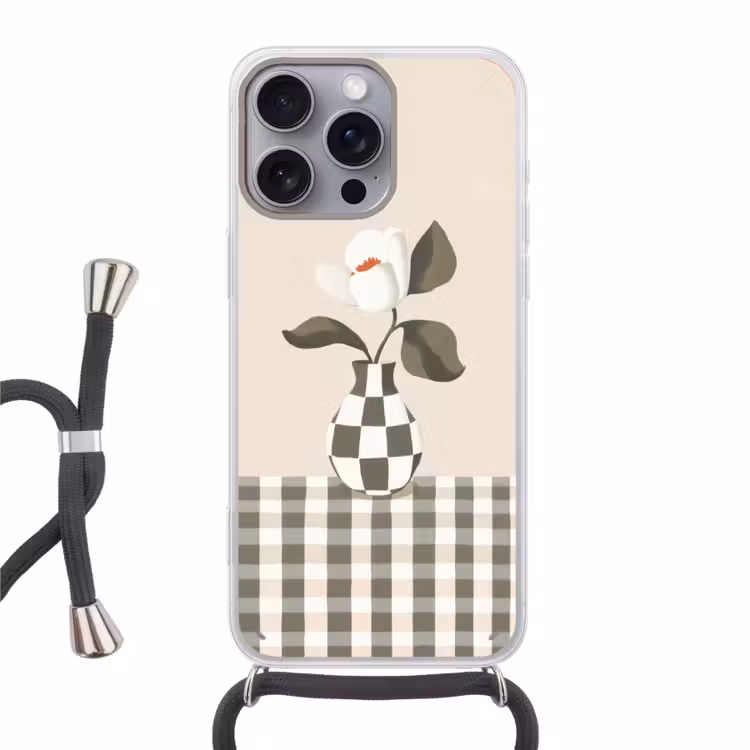 Vaas - Geruit - Groen - Bloem Hoesje iPhone 16 Pro Max met koord klein -3d