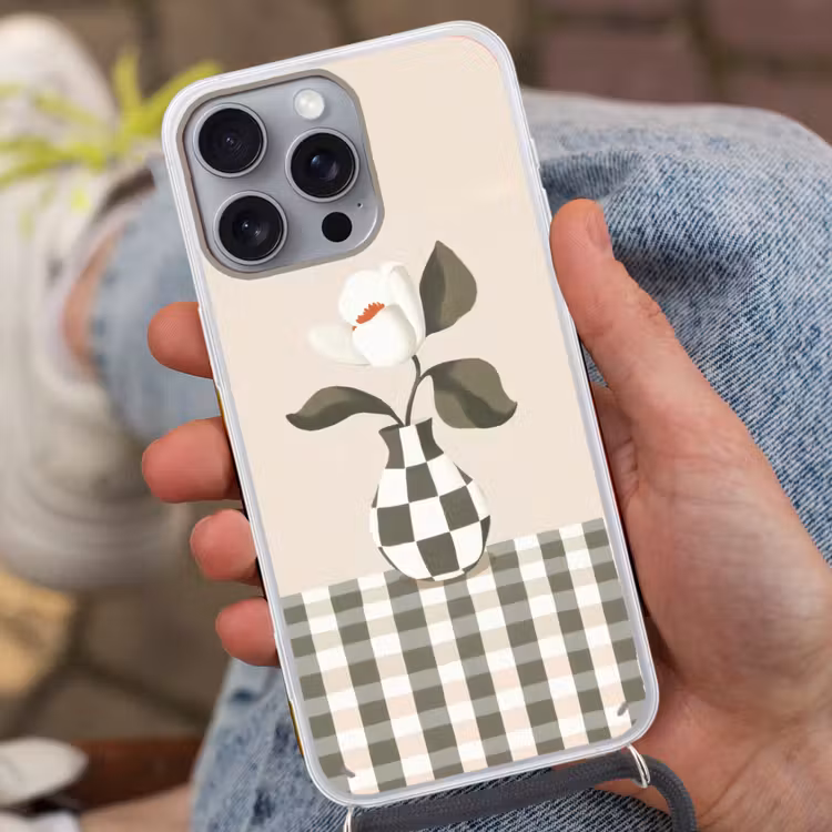 Vaas - Geruit - Groen - Bloem Hoesje iPhone 16 Pro Max met koord klein -sfeer3