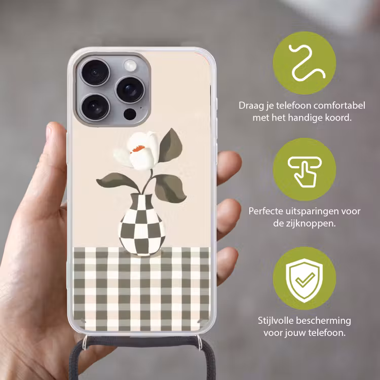 Vaas - Geruit - Groen - Bloem Hoesje iPhone 16 Pro Max met koord klein -sfeer2_NL