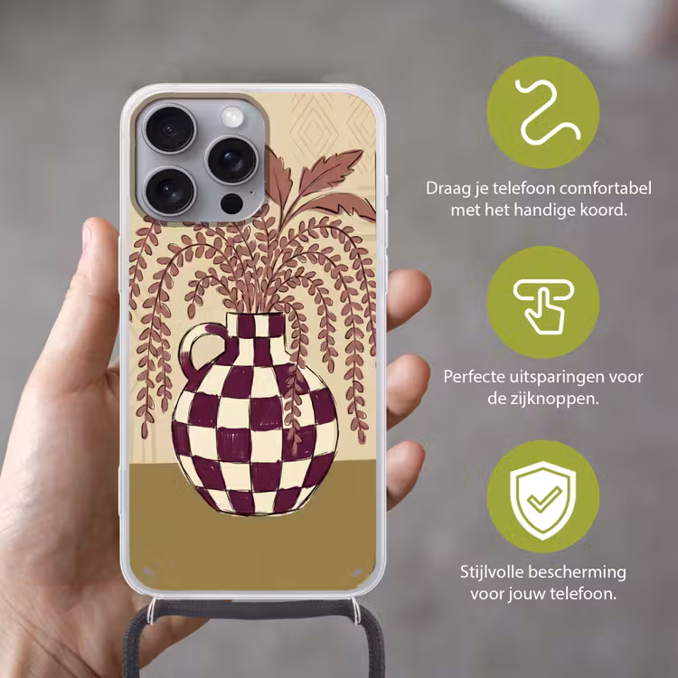 Vaas - Geruit - Planten - Modern - Paars Hoesje iPhone 16 Pro Max met koord klein -sfeer2_NL