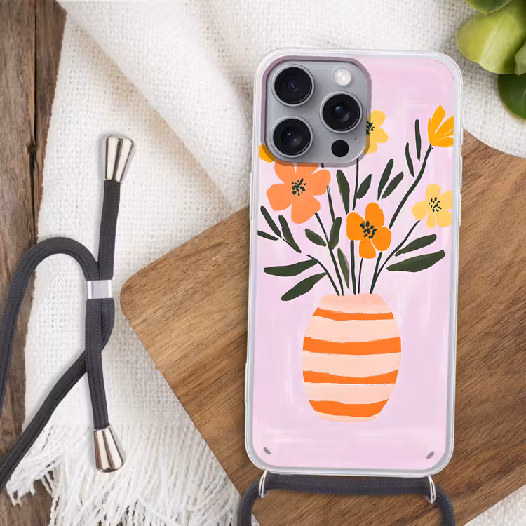 Vaas - Gestreept - Bloemen - Oranje Hoesje iPhone 16 Pro Max met koord klein -sfeer4