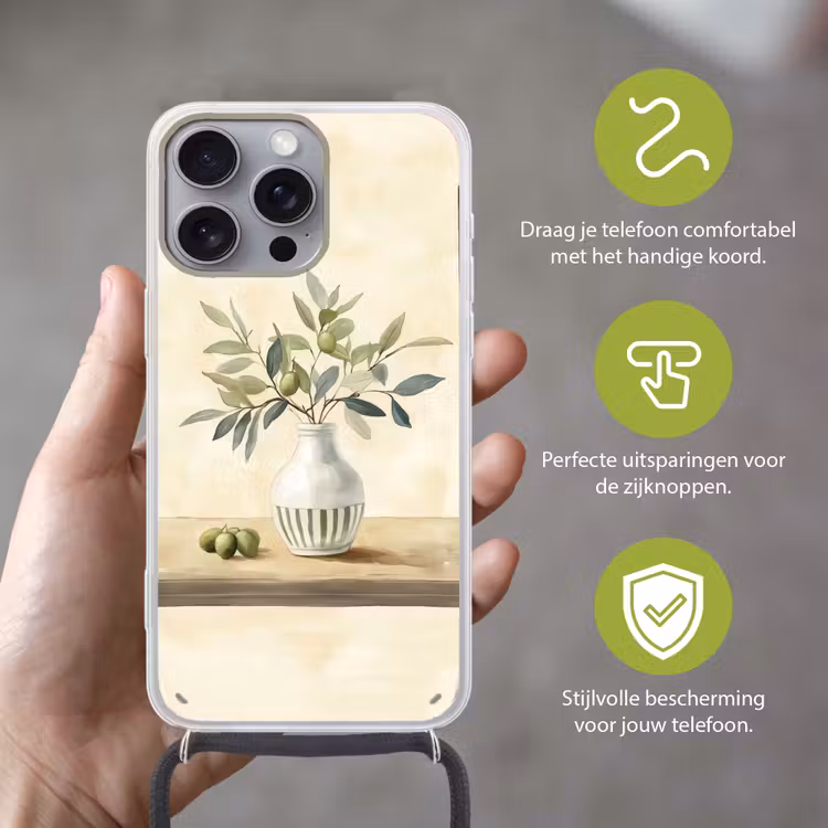Vaas - Keramiek - Olijftakken Hoesje iPhone 16 Pro Max met koord klein -sfeer2_NL