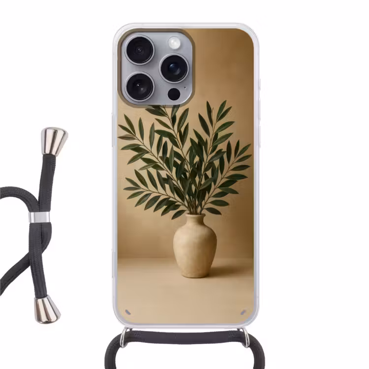 Vaas - Olijftakken - Bladeren - Beige Hoesje iPhone 16 Pro Max met koord klein -3d