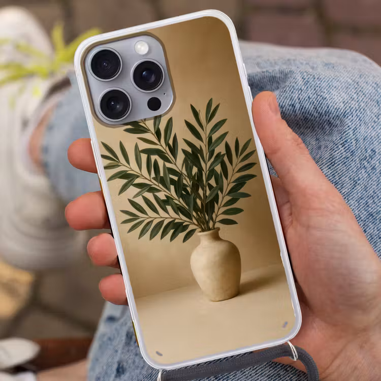 Vaas - Olijftakken - Bladeren - Beige Hoesje iPhone 16 Pro Max met koord klein -sfeer3