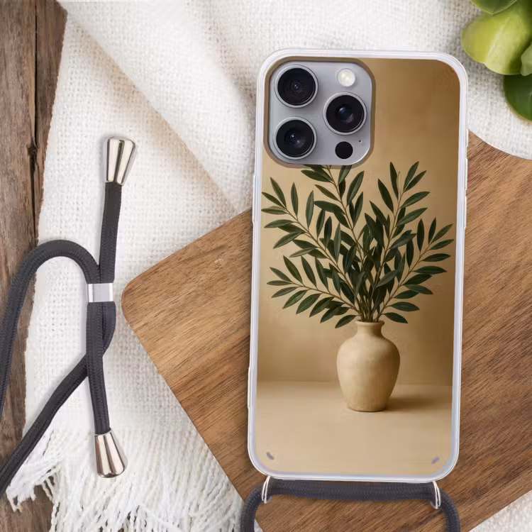 Vaas - Olijftakken - Bladeren - Beige Hoesje iPhone 16 Pro Max met koord klein -sfeer4