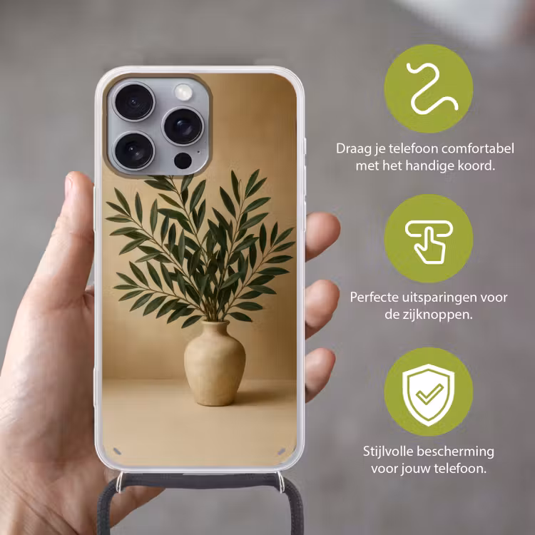 Vaas - Olijftakken - Bladeren - Beige Hoesje iPhone 16 Pro Max met koord klein -sfeer2_NL