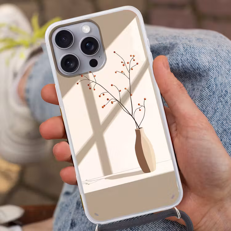 Vaas - Takken - Bessen - Minimalistisch Hoesje iPhone 16 Pro Max met koord klein -sfeer3