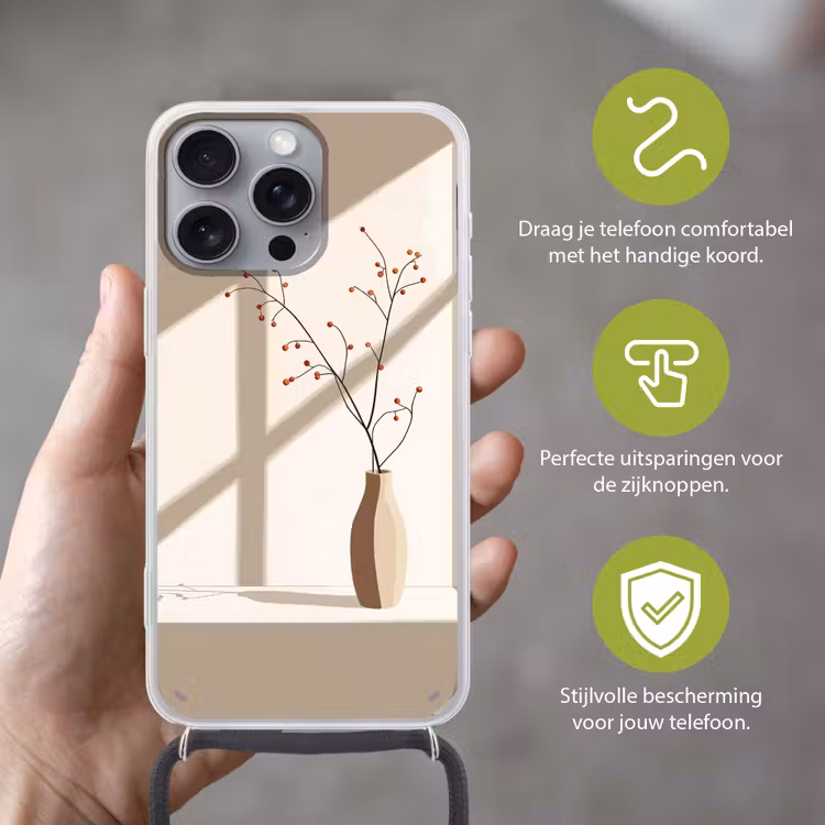 Vaas - Takken - Bessen - Minimalistisch Hoesje iPhone 16 Pro Max met koord klein -sfeer2_NL