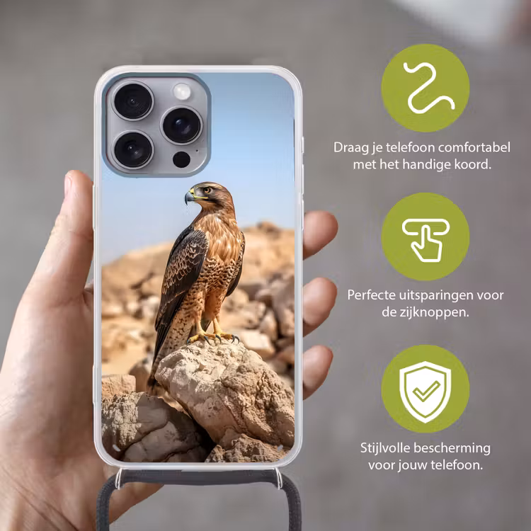 Valk - Vogel - Rots - Macht Hoesje iPhone 16 Pro Max met koord klein -sfeer2_NL