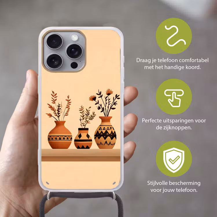Vazen - Bloemen - Bladeren - Minimalistisch Hoesje iPhone 16 Pro Max met koord klein -sfeer2_NL