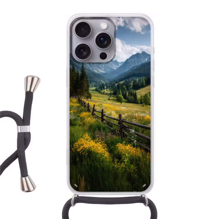 Veld - Hek - Bergen - Bloemen Hoesje iPhone 16 Pro Max met koord klein -3d