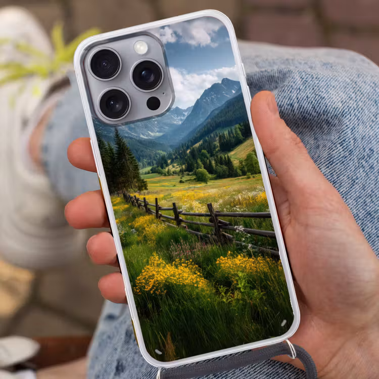 Veld - Hek - Bergen - Bloemen Hoesje iPhone 16 Pro Max met koord klein -sfeer3
