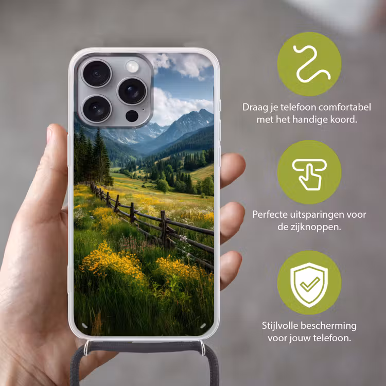 Veld - Hek - Bergen - Bloemen Hoesje iPhone 16 Pro Max met koord klein -sfeer2_NL