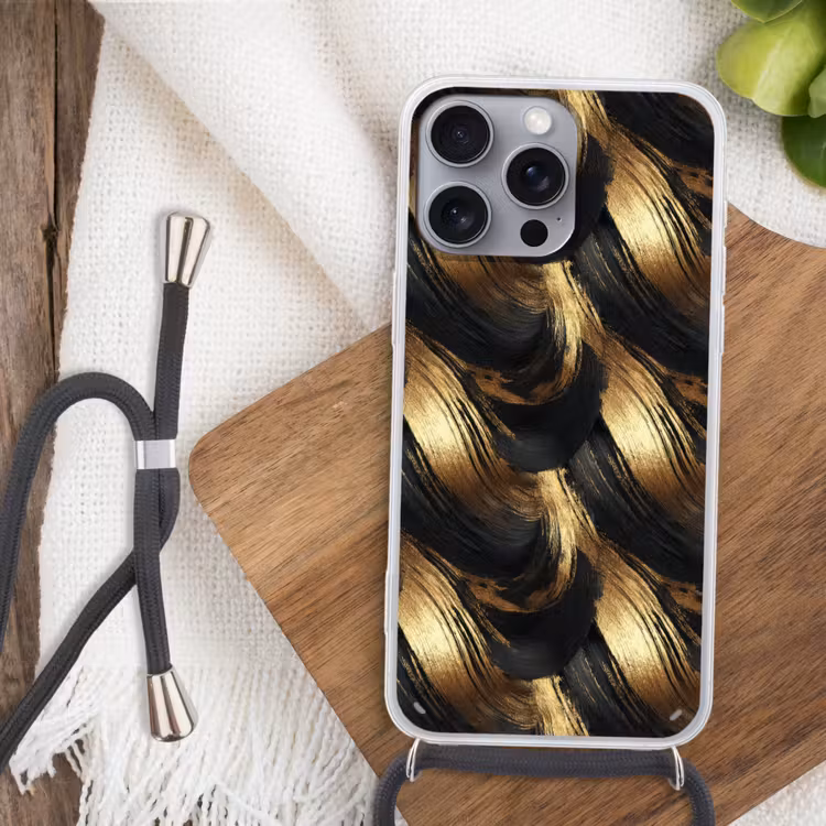 Verfstreken - Abstract - Goud - Zwart Hoesje iPhone 16 Pro Max met koord klein 804 -sfeer4