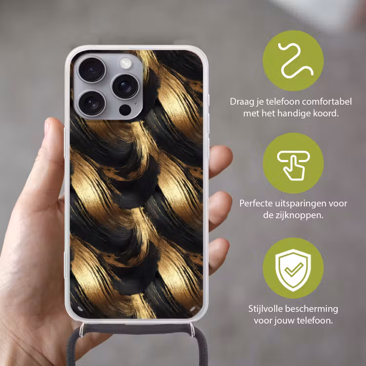 Verfstreken - Abstract - Goud - Zwart Hoesje iPhone 16 Pro Max met koord klein 804 -sfeer2_NL