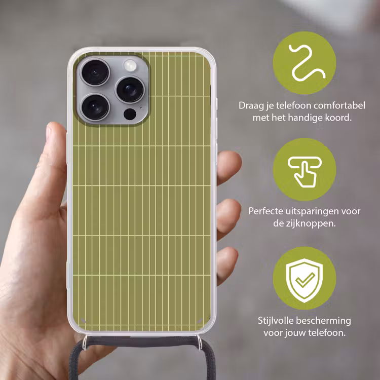 Verticaal - Wandtegel - Olijfgroen Hoesje iPhone 16 Pro Max met koord klein 804 -sfeer2_NL