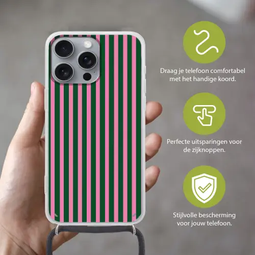 Verticale strepen - Groen - Roze Hoesje iPhone 16 Pro Max met koord klein 804 -sfeer2_NL