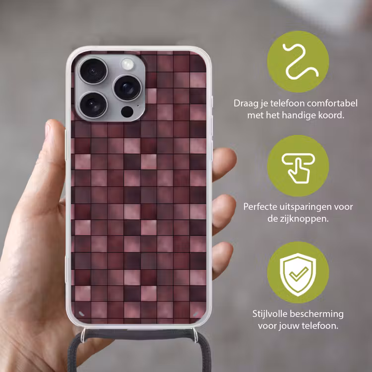 Vierkant - Tegel - Patroon - Paars Hoesje iPhone 16 Pro Max met koord klein 804 -sfeer2_NL