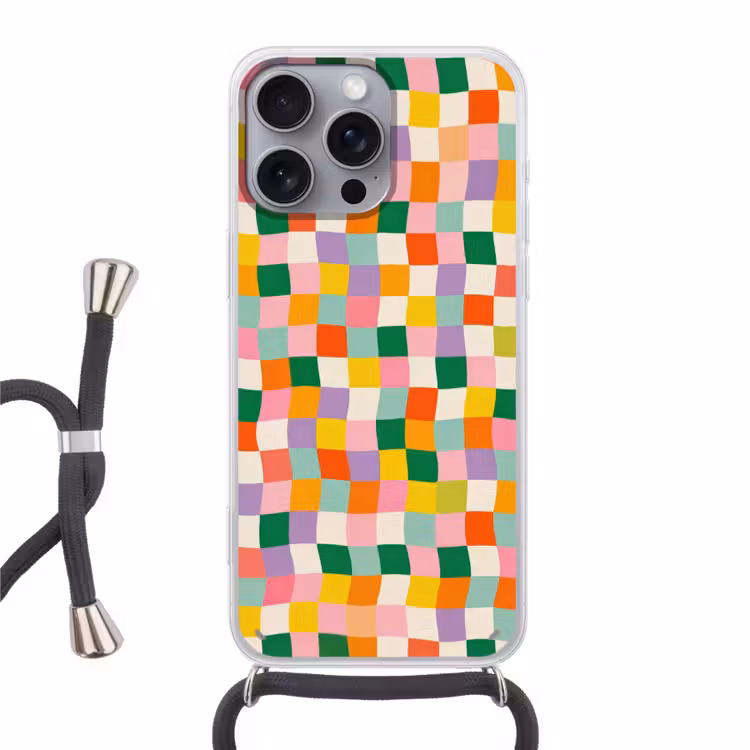 Vierkanten - Kleurrijk - Golvend Hoesje iPhone 16 Pro Max met koord klein -3d