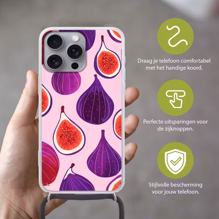 Vijgen - Roze - Paars Hoesje iPhone 16 Pro Max met koord klein -sfeer2_NL