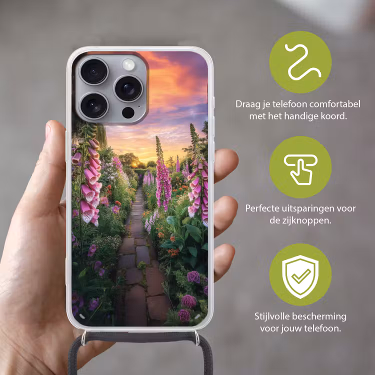 Vingerhoedskruid - Bloemen - Tuin Hoesje iPhone 16 Pro Max met koord klein -sfeer2_NL