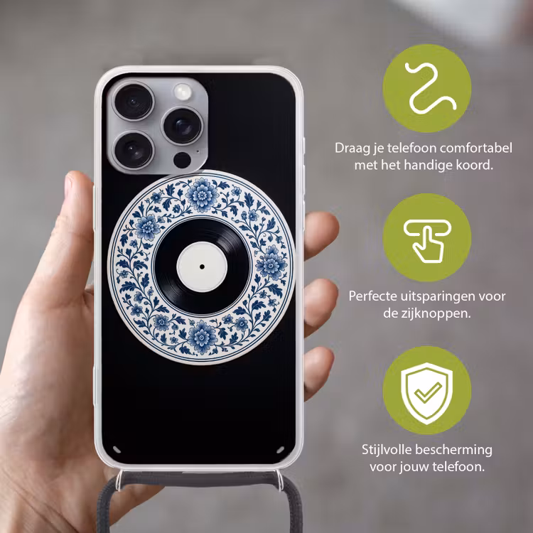 Vinyl - LP - Delfts Blauw - Muziek Hoesje iPhone 16 Pro Max met koord klein -sfeer2_NL