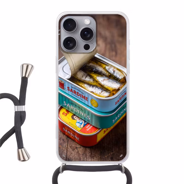 Telefoonhoesje met koord - Vis - Blikjes - Keuken - Vis - Blikjes - Keuken Hoesje iPhone 16 Pro Max met koord klein