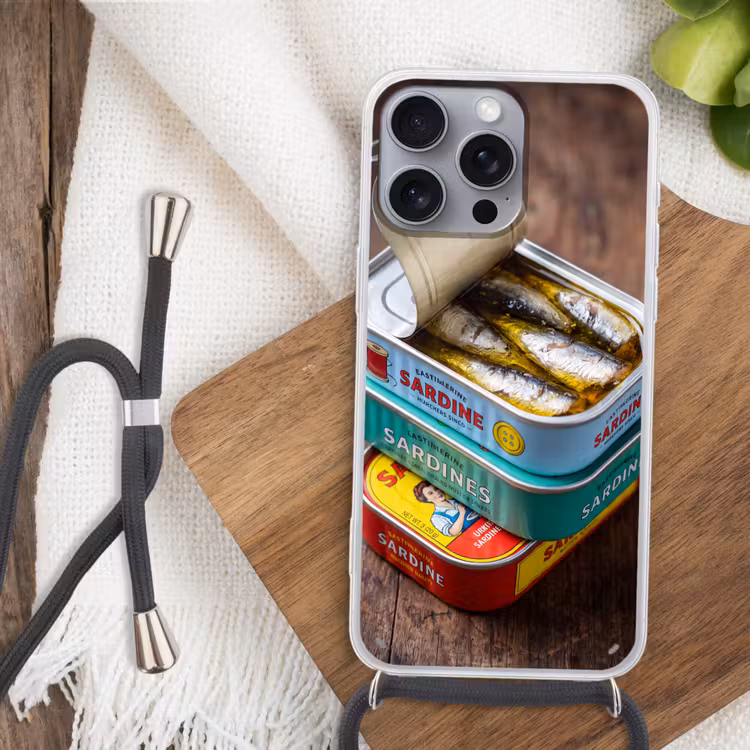 Telefoonhoesje met koord - Vis - Blikjes - Keuken - Vis - Blikjes - Keuken Hoesje iPhone 16 Pro Max met koord klein
