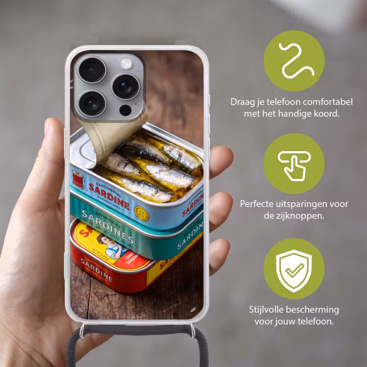 Telefoonhoesje met koord - Vis - Blikjes - Keuken - Vis - Blikjes - Keuken Hoesje iPhone 16 Pro Max met koord klein