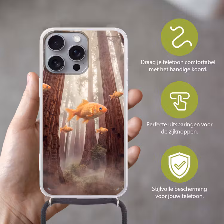 Telefoonhoesje met koord - Vis - Bos - Fantasie - Vis - Bos - Fantasie Hoesje iPhone 16 Pro Max met koord klein