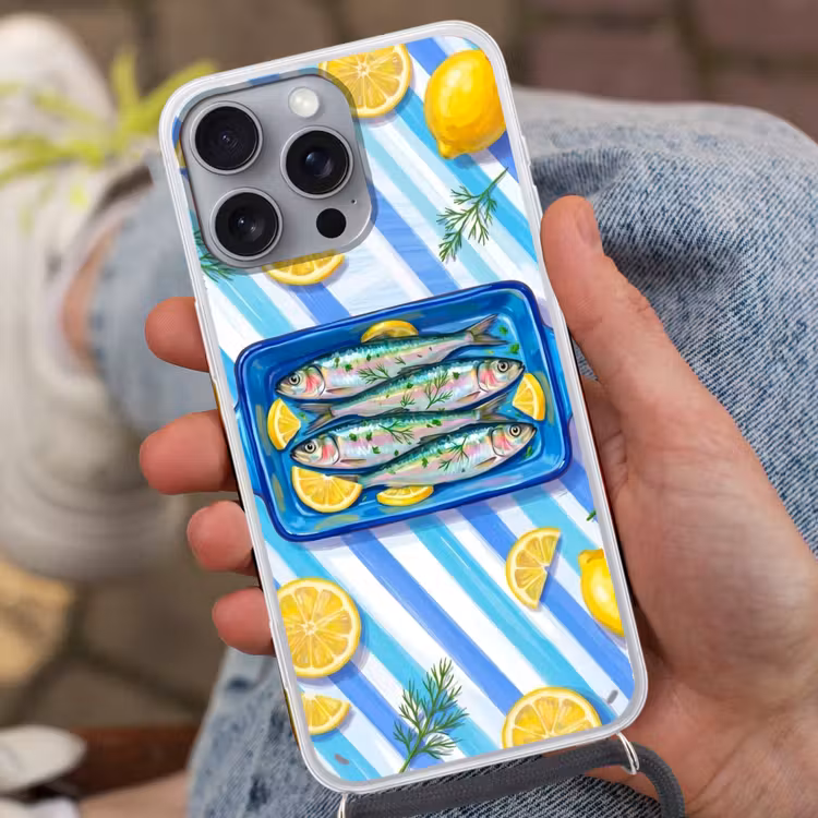 Vis - Citroen - Kruiden - Eten - Blauw Hoesje iPhone 16 Pro Max met koord klein -sfeer3