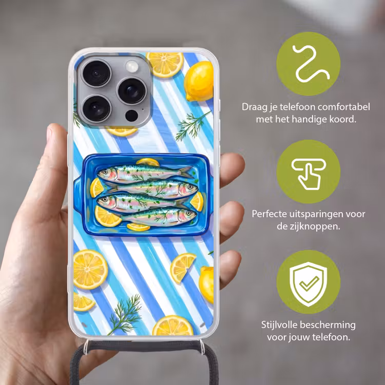 Vis - Citroen - Kruiden - Eten - Blauw Hoesje iPhone 16 Pro Max met koord klein -sfeer2_NL
