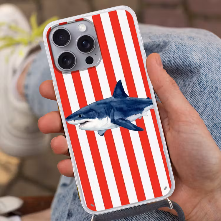 Vis - Haai - Zee - Illustratie - Blauw Hoesje iPhone 16 Pro Max met koord klein -sfeer3