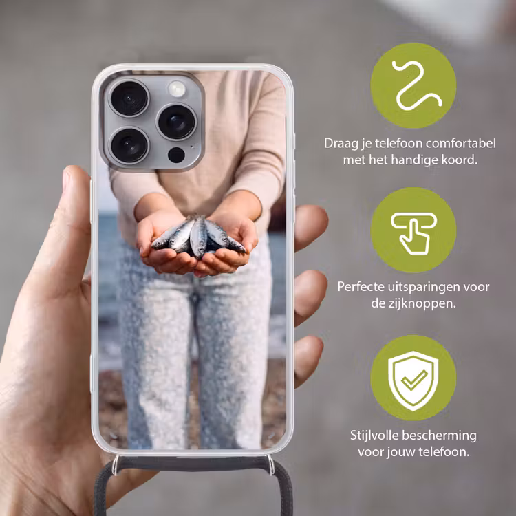Telefoonhoesje met koord - Vis - Handen - Natuur - Vis - Handen - Natuur Hoesje iPhone 16 Pro Max met koord klein