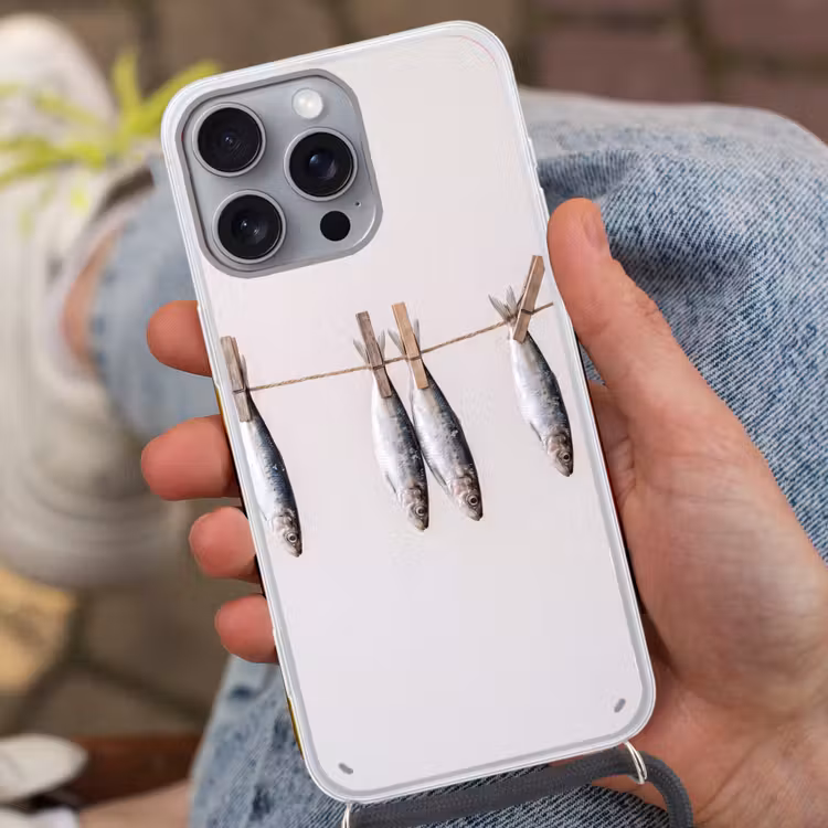 Telefoonhoesje met koord - Vis - Hangend - Eten - Vis - Hangend - Eten Hoesje iPhone 16 Pro Max met koord klein