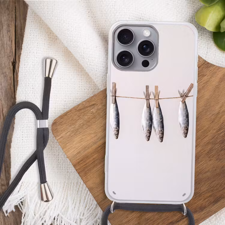 Telefoonhoesje met koord - Vis - Hangend - Eten - Vis - Hangend - Eten Hoesje iPhone 16 Pro Max met koord klein