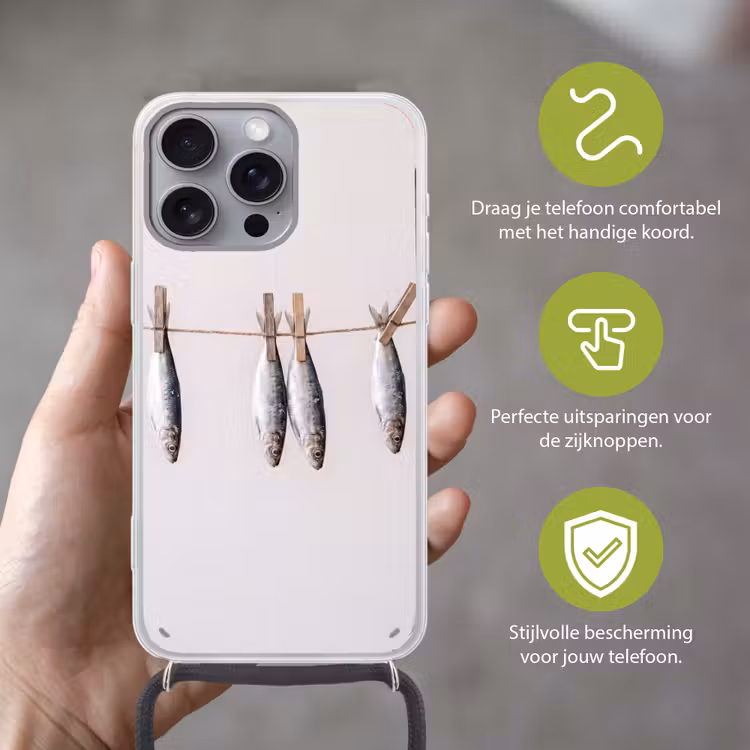 Telefoonhoesje met koord - Vis - Hangend - Eten - Vis - Hangend - Eten Hoesje iPhone 16 Pro Max met koord klein