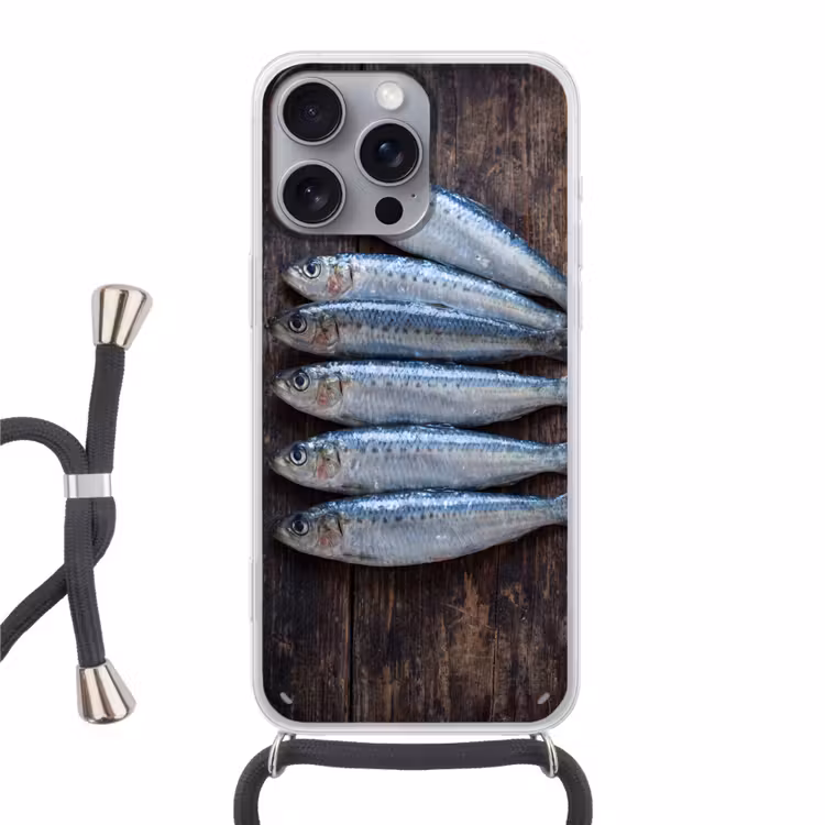 Telefoonhoesje met koord - Vis - Hout - Eten - Vis - Hout - Eten Hoesje iPhone 16 Pro Max met koord klein