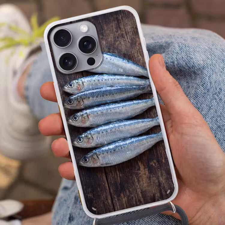 Telefoonhoesje met koord - Vis - Hout - Eten - Vis - Hout - Eten Hoesje iPhone 16 Pro Max met koord klein