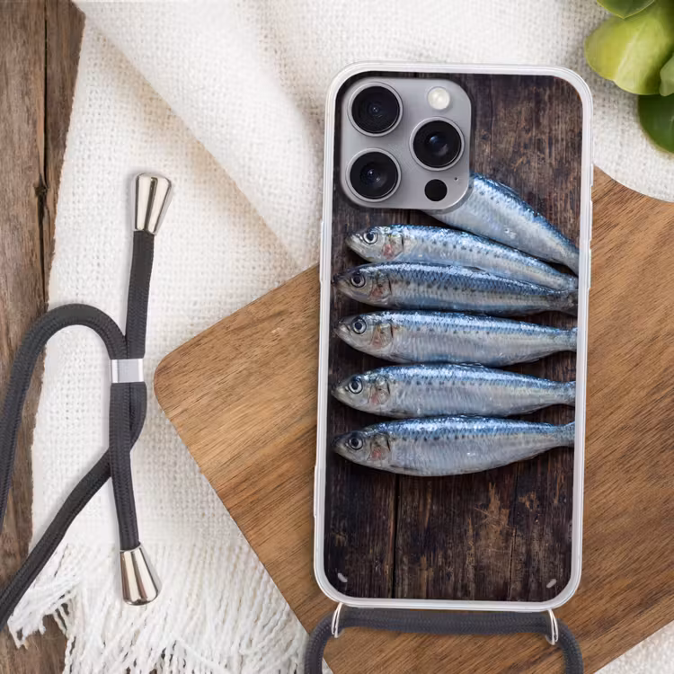 Telefoonhoesje met koord - Vis - Hout - Eten - Vis - Hout - Eten Hoesje iPhone 16 Pro Max met koord klein