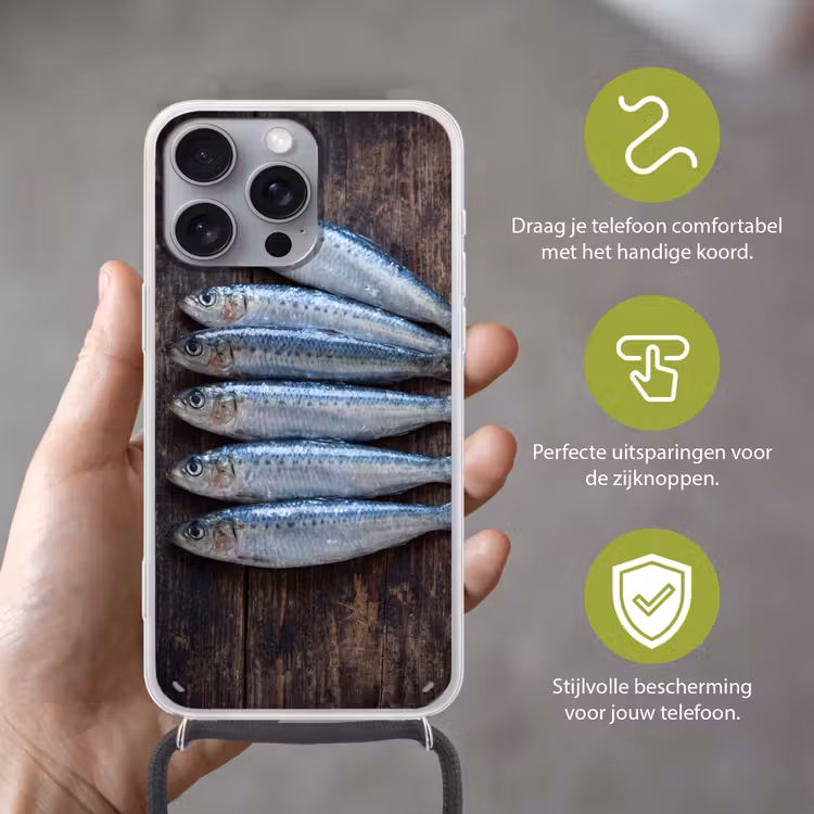 Telefoonhoesje met koord - Vis - Hout - Eten - Vis - Hout - Eten Hoesje iPhone 16 Pro Max met koord klein