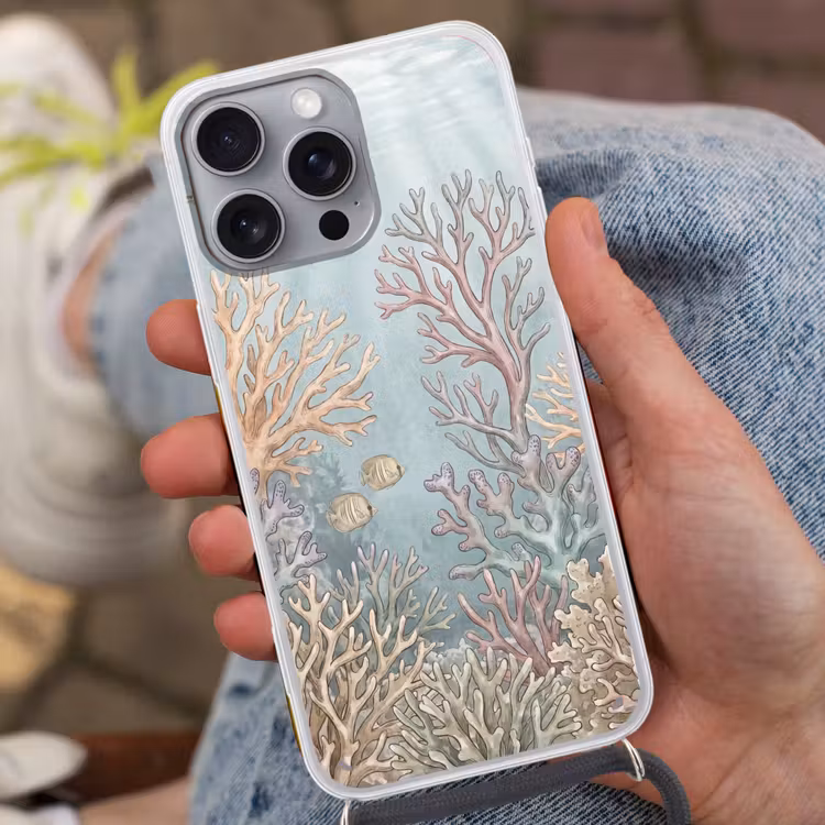Vis - Koraal - Oceaan - Illustratie - Onderwater Hoesje iPhone 16 Pro Max met koord klein -sfeer3