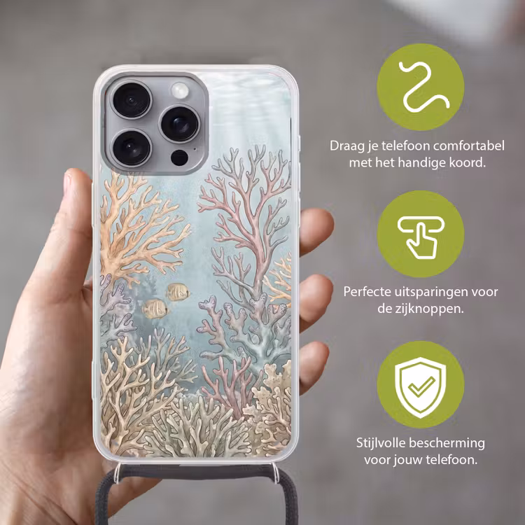 Vis - Koraal - Oceaan - Illustratie - Onderwater Hoesje iPhone 16 Pro Max met koord klein -sfeer2_NL