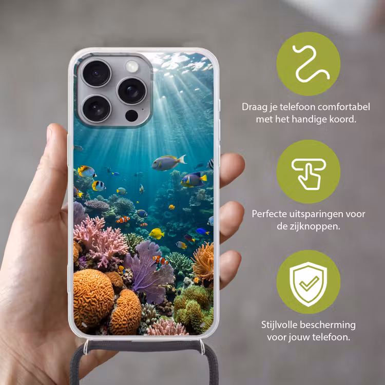 Vis - Koraal - Oceaan - Natuur - Kleurrijk Hoesje iPhone 16 Pro Max met koord klein -sfeer2_NL