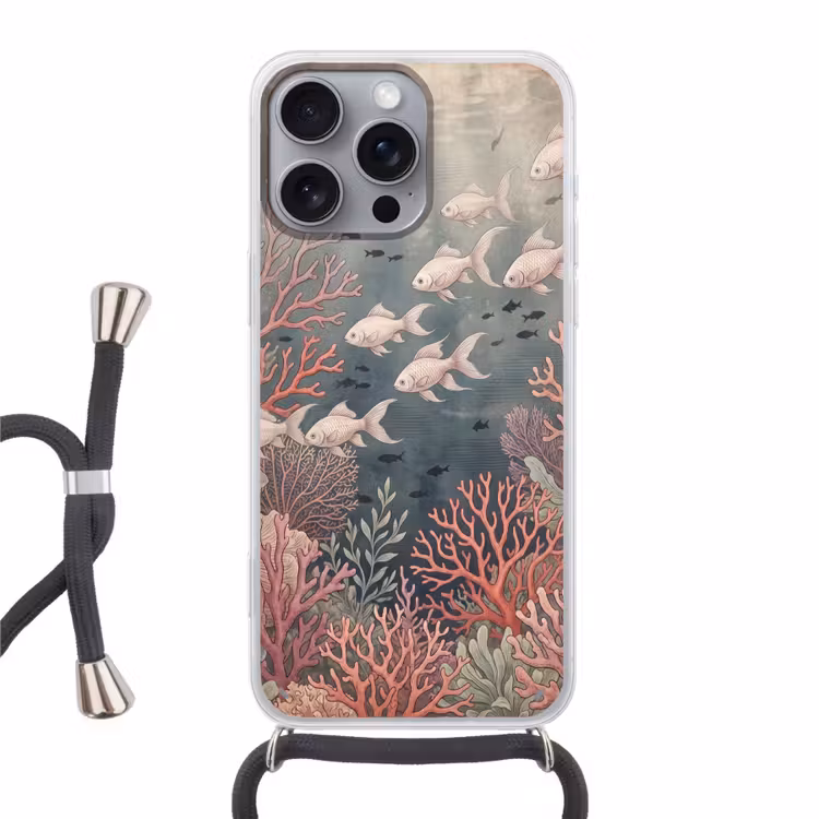 Vis - Koraal - Onderwater - Illustratie - Vintage Hoesje iPhone 16 Pro Max met koord klein -3d