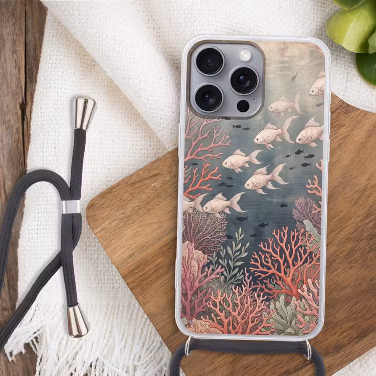 Vis - Koraal - Onderwater - Illustratie - Vintage Hoesje iPhone 16 Pro Max met koord klein -sfeer4